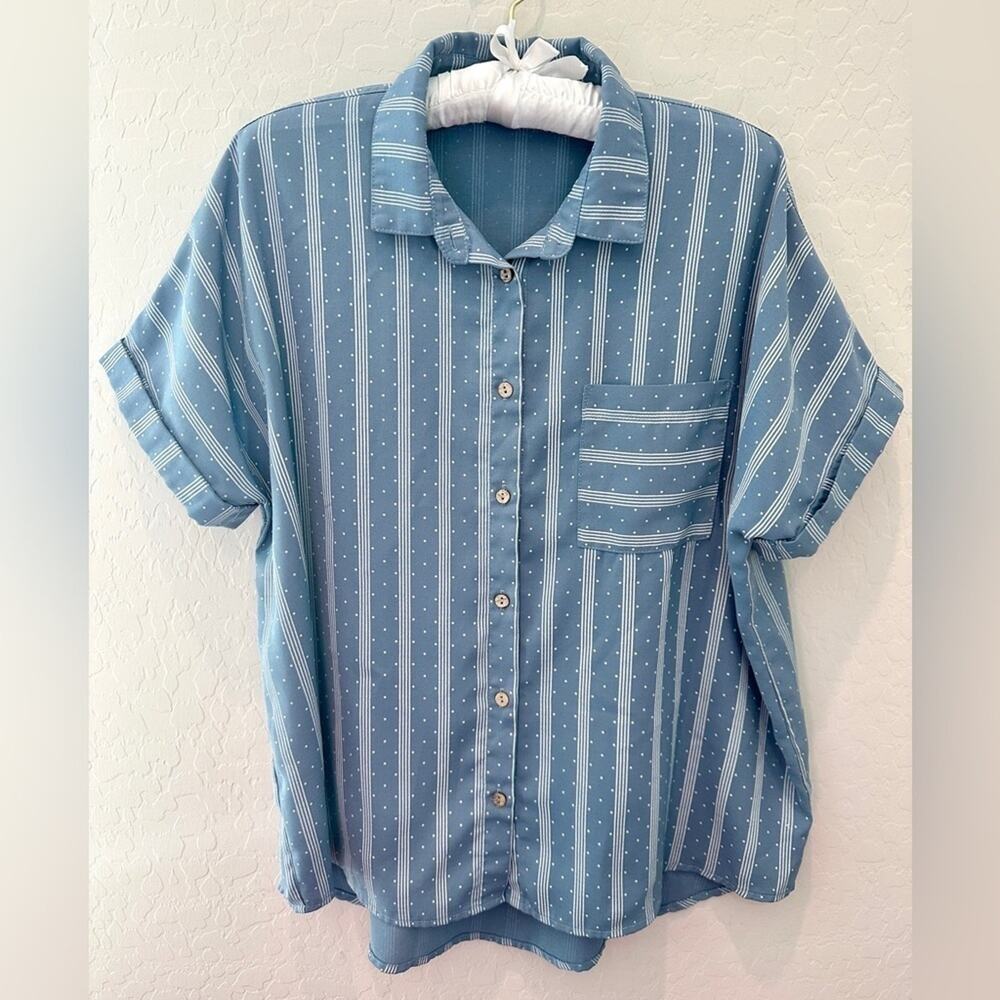 EMBERLEY Blue Striped Polka Dot Button Front Short Sleeve Collared Blouse Medium